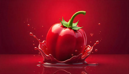 Vibrant red bell pepper splashing into liquid on red background