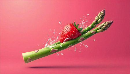 Strawberry resting on asparagus with water splash effect illustrationの写真素材