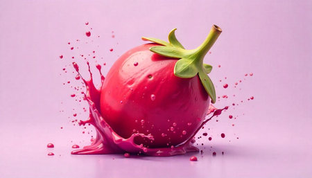 Strawberry explosion on purple background a vibrant fruit splashの写真素材