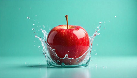 Fresh red apple with water splash on turquoise backdrop