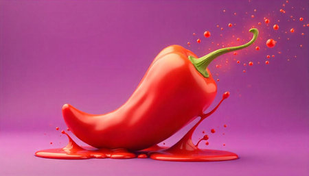 Vibrant red chili pepper on purple background with dripping sauce