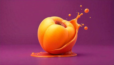 Peach splashing with juice on a purple background