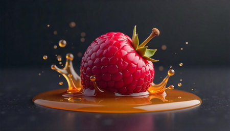 Juicy red raspberry surrounded by splashing amber liquid close-up