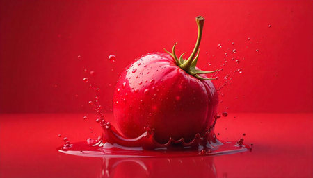 Red Tomato Splash on Red Reflective Surface Still Life
