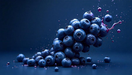 Blueberries close up on a dark blue gradient backgroundの写真素材