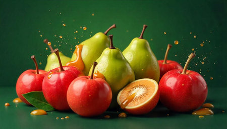 Apples, Pears, Orange, and Splashes of Juice on Green