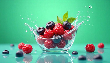 Fresh red raspberries and black berries with water splashの写真素材