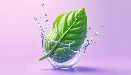 Fresh green leaf splash concept with water droplets