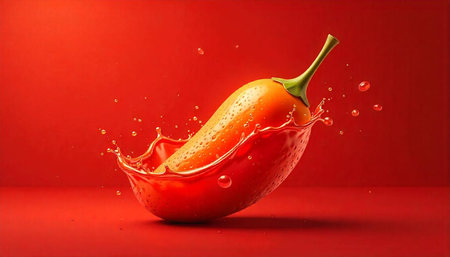 Red chili pepper splashing in a pool of liquid