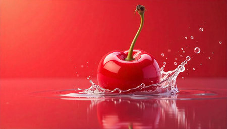 Cherry splashing in liquid against vibrant red background studio