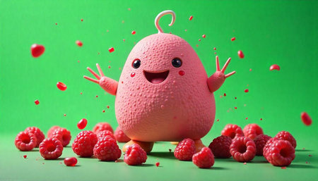 Pink Cartoon Character surrounded by Raspberries on Green Background