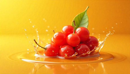 Fresh red cherries with water splash on yellow background