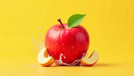 Fresh red apple with water splash on yellow background