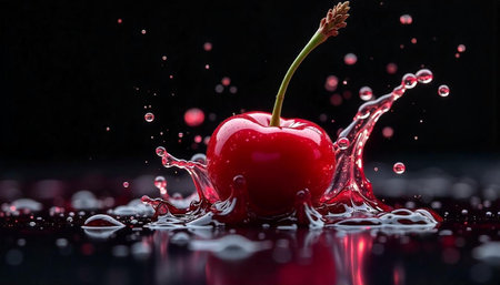 Cherry splash with liquid drops on dark reflective surface