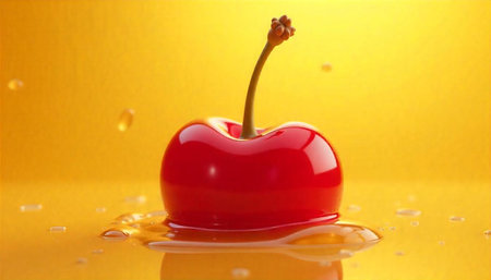 Glossy red cherry with stem against golden honey background