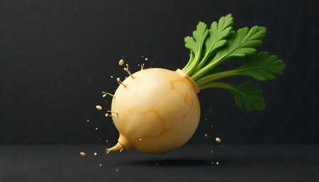 Abstract Turnip with Leafy Greens and Liquid Splashes