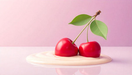 Pair of ripe cherries in cream on pink background
