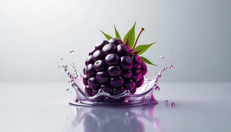 Fresh blackberry with splash of water and leaves