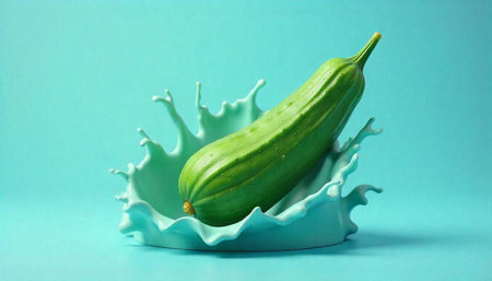 Loofah gourd with splash on a green background