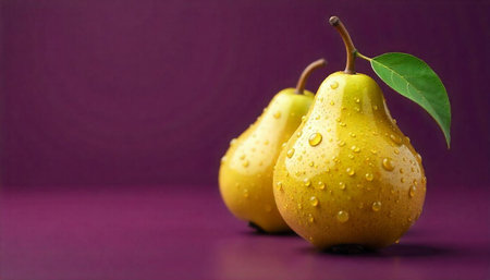 Two vibrant yellow pears with water droplets on purple background