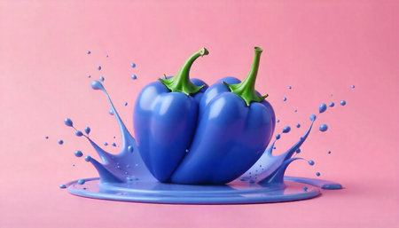 Two stylized blue peppers splash on a pink background