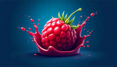 Raspberry splash on blue background illustration for products