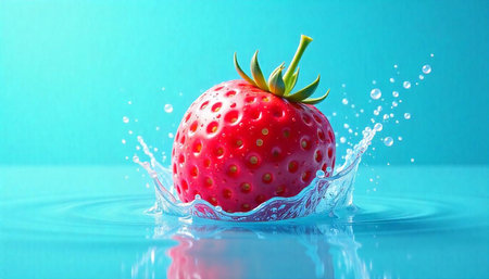 Fresh strawberry splashing into cool blue water background