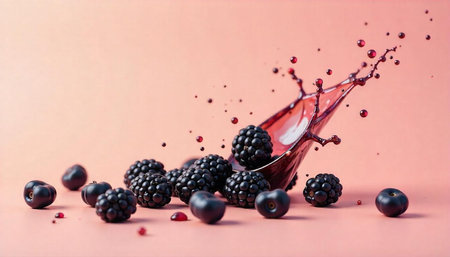 Blackberries and splash of juice against a pink backdrop
