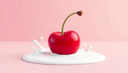 Single bright red cherry sitting in a pool of milkの写真素材