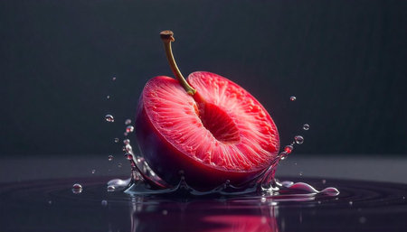 Sliced Plum in Water with Splashing Water Dropsの写真素材