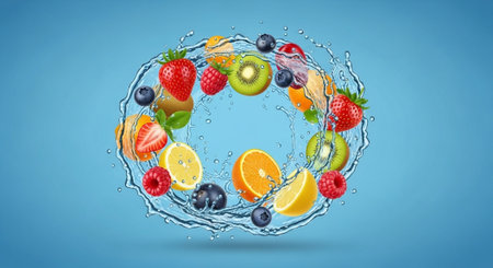 Water splash with fruits and berries on blue background. 3d illustration