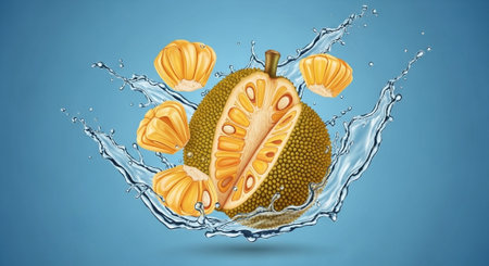 Ripe durian in water splash on blue background.