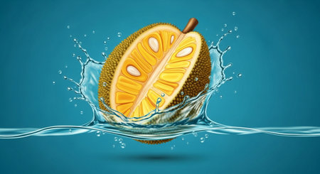 Fresh Jackfruit in water splash. Realistic 3d vector illustration