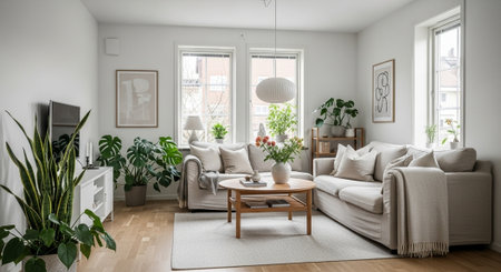 Bright Living Room with Natural Light and Green Plants