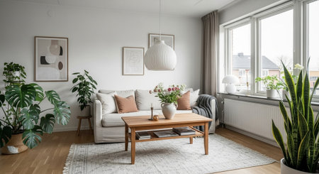 Bright living room with sofa, plants, and natural light