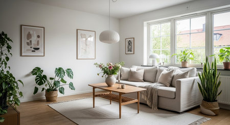 Bright and airy living room interior with plants decoration