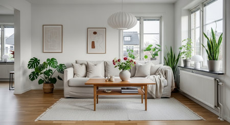 Bright modern living room interior with plants and neutral tonesの写真素材