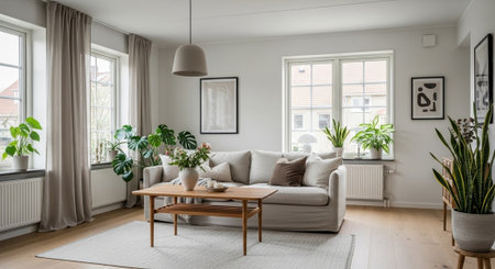 Bright living room with plants and neutral tones