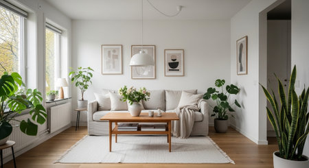 Cozy Scandinavian living room with natural light and plants