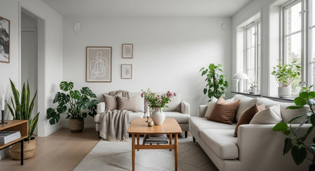 Bright and airy living room interior with neutral tones