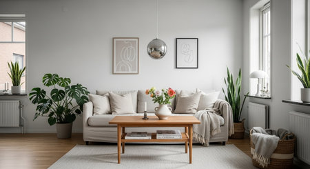 Bright living room interior with sofa and house plants