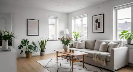 Bright Living Room Interior with Modern Decor and Natural Lightの写真素材