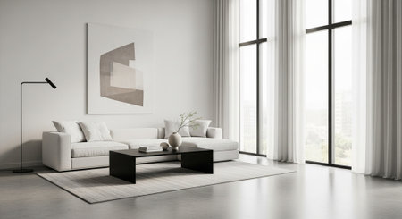 Minimalist modern living room interior with natural light and sofa