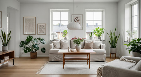 Cozy living room interior with natural light and plantsの写真素材