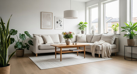 Bright living room with couch, plants, and natural light