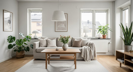 Bright and airy living room interior with modern furnitureの写真素材