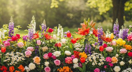 Vibrant flowerbed showcasing diverse spring blooms in sunny garden