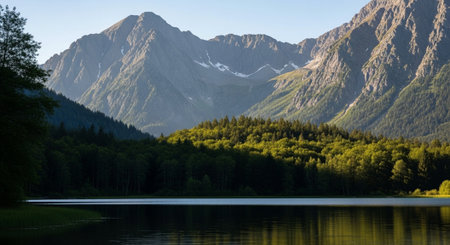 Scenic alpine lake reflecting mountains and forest landscape scene