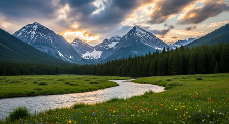 Scenic mountain landscape with wildflowers and river flowing through