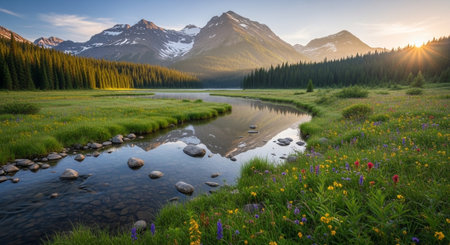 Scenic mountain landscape with river and wildflower meadowの写真素材